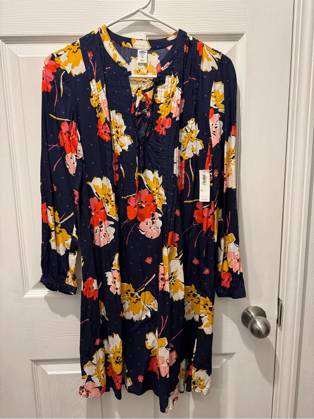 Navy Floral Long-Sleeve Tie-Neck Dress